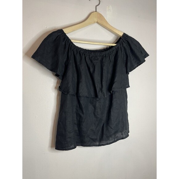 Saks Fifth Avenue Women's XS Black Linen Ruffle Top Blouse Elastic Neckline - Picture 2 of 4